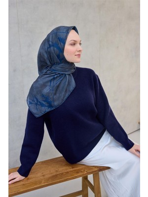 Silk Home Pamuk Polyester Soft Eşarp Yaprak Desen Indigo 90X90