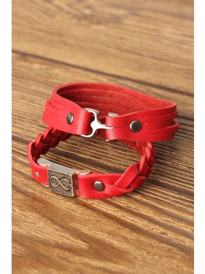 Shopwave Desenli Metal Aksesuarlı Kırmızı Renk Deri Erkek Bileklik Kombin - TJ-EB2804