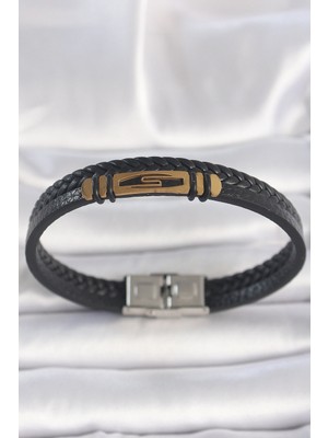 Shopwave 316L Çelik Gold Renk Aksesuarlı Çift Sıra Siyah Burgu Desenli Deri Kordon Erkek Bileklik - TJ-EB3708