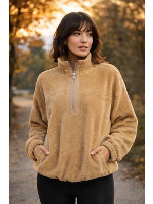 Polo State Kadın Balıkçı Yaka Yarım Fermuarlı Peluş Polar Sweatshirt Bej