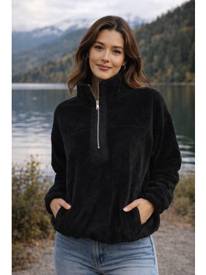 Polo State Kadın Balıkçı Yaka Yarım Fermuarlı Peluş Polar Sweatshirt Siyah