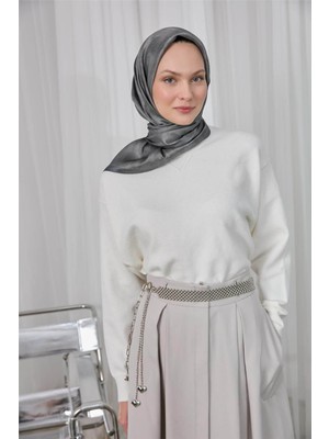 Silk Home Polyester Karışımlı Eşarp Gri Etnik Desenli Parlak Dokulu 90X90