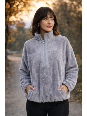 Polo State Kadın Balıkçı Yaka Yarım Fermuarlı Peluş Polar Sweatshirt Gri