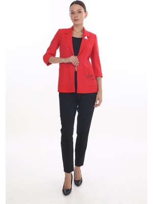 White Diamond Cep Detaylı Broşlu Ceket 40 - Kırmızı