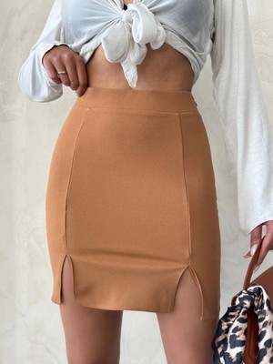 Çift Yırtmaçlı Etek Camel S25910