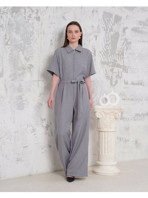 Kuşaklı Gömlek Yaka Salaş Tulum Gri S255822