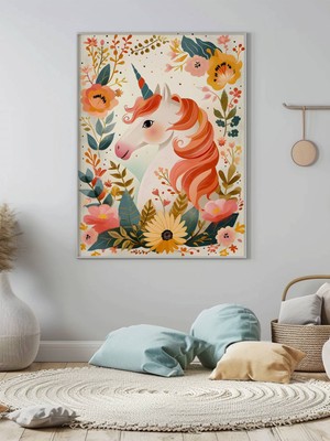 Fuart.Co Çiçekli Unicorn Dijital Baskı Çocuk Posteri (Çerçevesiz) COFU