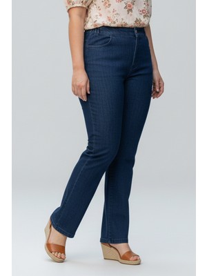 Lale Butik Büyük Beden Kadın Beli Lastikli Likralı Boru Paça Kot Pantolon 03 Lacivert