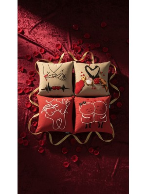 Sevgililer Günü Özel Punch Işlemeli 4lü Kırlent Kılıfı Seti 43X43 cm | Aşk Temalı Dekoratif Yastık Kılıfı