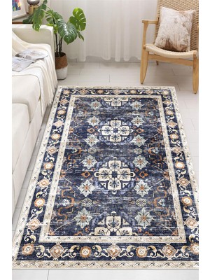 Pelura Halı Vintage Desenli Kaymaz Taban Lacivert Yıkanabilir Şönil Salon Halısı Yolluk