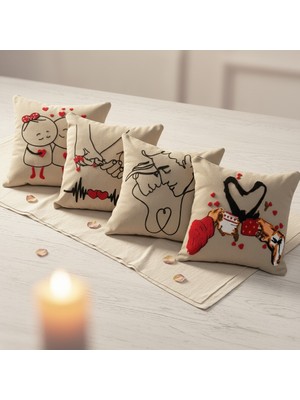 Sevgililer Günü Özel Punch Işlemeli 4lü Kırlent Kılıfı Seti 43X43 cm | Aşk Temalı Dekoratif Yastık Kılıfı