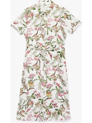 Koton Kısa Kollu Gömlek Yaka Cepli Viskon Çiçekli Gömlek Elbise