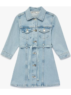 Koton Uzun Kollu Gömlek Yaka Cepli Kemerli Denim Elbise