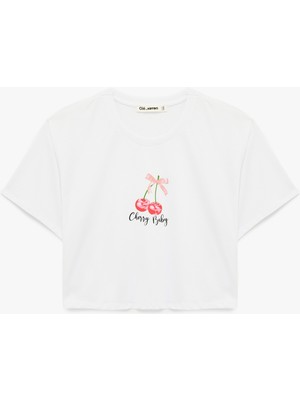 Koton Rahat Kalıp Kısa Kollu Kiraz Baskılı Pamuklu Crop Tişört