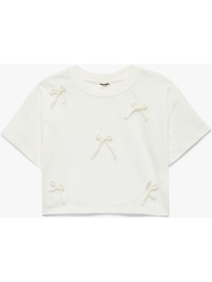 Koton Pamuklu Kısa Kollu Bisiklet Yaka Fiyonk Baskılı Tişört