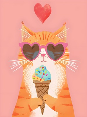 Fuart.Co Kalp Gözlüklü Kedi Dijital Baskı Çocuk Posteri (Çerçevesiz) COFU