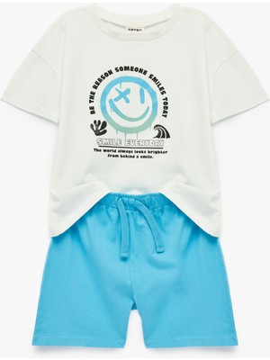 Koton Baskılı Kısa Kollu Bisiklet Yaka Pamuklu 2'li Tişört ve Şort Seti