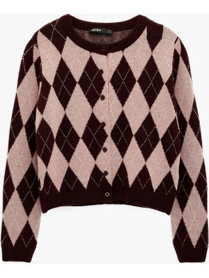 Koton Uzun Kollu Triko Hırka Baklava Desenli Polyester Karışımlı Bordo Renkli