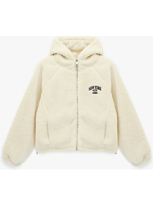 Koton Uzun Kollu Kapüşonlu Fermuarlı Baskılı Oversize Peluş Ceket