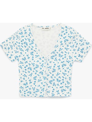 Koton Pamuklu Slim Fit V Yaka Kısa Kollu Çiçekli Crop Tişört