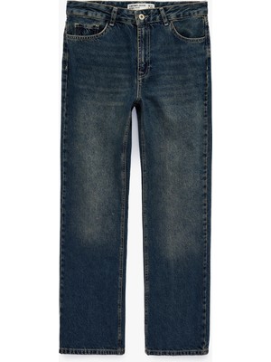 Koton Yüksek Bel Cepli Pamuklu Düz Paça Straight Fit Denim Pantolon - Straight Jeans