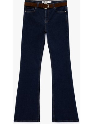 Koton Dar Kesim Kemerli Düğmeli Ispanyol Paça Denim Pantolon - Flare Jeans