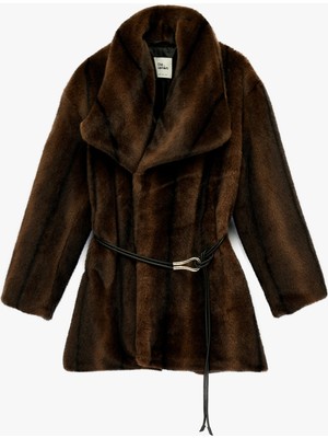 Koton Kemer Detaylı Kruvaze Yaka Uzun Kollu Suni Kürk Kaban