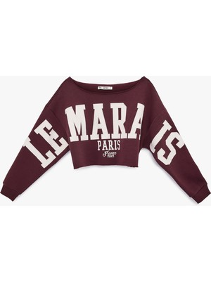 Koton Uzun Kollu Kayık Yaka Baskılı Crop Oversize Sweatshirt