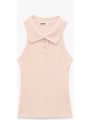 Koton Slim Fit Kolsuz Saç Örgü Düğmeli Polo Yaka Triko Atlet