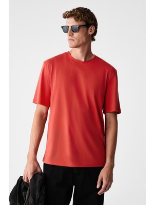 Grimelange Mocassın Erkek %100 Pamuk Baskılı Relaxed Fit Yuvarlak Yaka Kısa Kollu Kırmızı T-Shirt