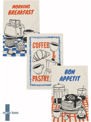Marte Home Brunch - Renkli Baskılı 3'lü Set 40X60 Mutfak Havlusu, Kurulama Bezi