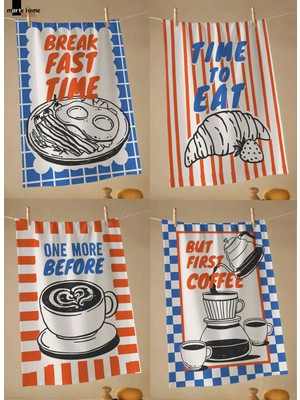 Marte Home Breakfast Club - Renkli Baskılı 4'lü Set 40X60 Mutfak Havlusu, Kurulama Bezi
