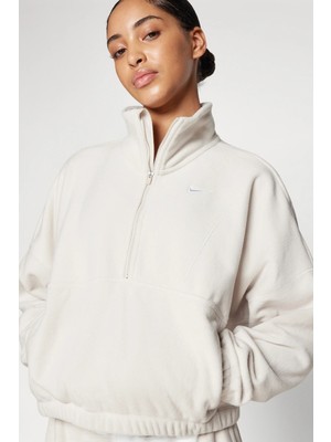 Nike One Therma Fit Oversize Half Zip Sweatshirt Kadın Oversize Kısa Yarım Fermuar Polar Sweatshirt Krem