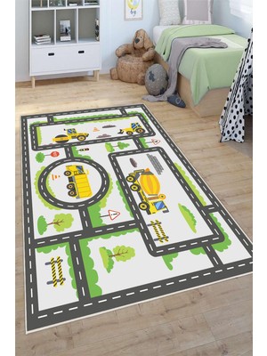 Pelura Halı Inşaat Araçları Yol Desenli Yıkanabilir Kaymaz Taban Çocuk Oyun Halısı