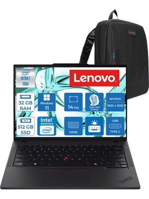 Lenovo Thinkpad T14 Gen 6 Intel Core Ultra 7 255U 32GB Ddr5 512GB SSD Windows 11 Pro Intel Aı Boost 14" Wuxga (1920X1200) IPS 500NITS 100% Srgb Taşınabilir Bilgisayar 21QC00CKTXP12 + Zetta Çanta