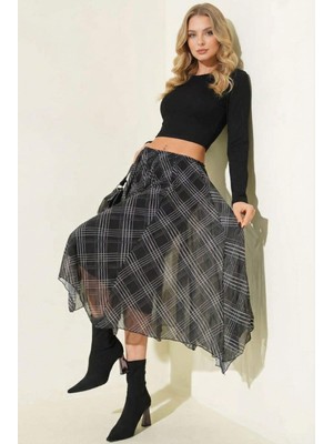 Elaxi Kadın Ekose Desenli Kırışık Efektli Astarlı Midi Şifon Etek