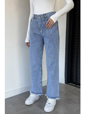 Gülseli Yüksek Bel Paça Püsküllü Bol Paça Kadın Jean Kot Pantolon P-00008857