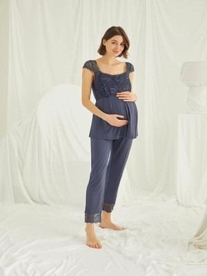 Monamise, Kadın, Lacivert, %94 Viskon %6 Elastan, Dantelli, Önü Düğmeli Hamile, Lohusa Pijama Tk.