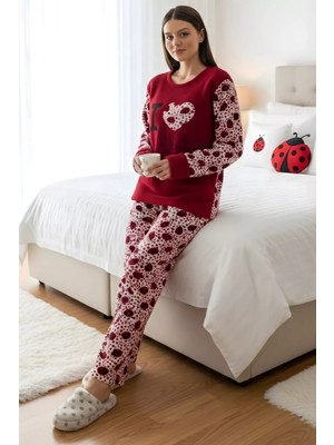 Gülseli Kadın Bisiklet Yaka Uğur Böceği Desenli Polar Pijama Takımı P-00008059