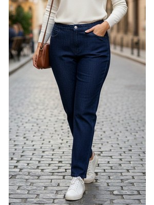 Lale Butik Büyük Beden Kadın Beli Lastikli Likralı Boru Paça Kot Pantolon 03 LACIVERT01