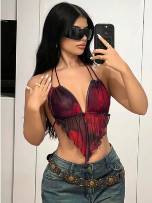 Beruflic Giyim Kadın Kırmızı Siyah Renklerde Önden Üçgen Kesim Detaylı Crop Askılı Önden Bağlama