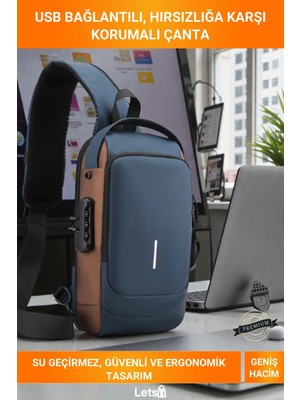 Letsii Powerbank Destekli USB Şarj Girişli Su Geçirmez Şifreli Kilitli Erkek Ön Göğüs Çantası