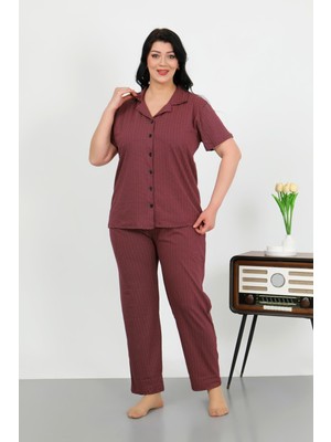 İbrahim Burak Etiler Collection Moda Çizgi Kadın Büyük Beden Pamuklu Cepli Düğmeli Mor Pijama Takım 202507