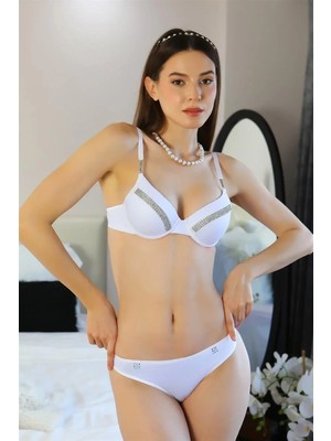 Moda Kadın Taş Detaylı Push Up Sütyen Takım Beyaz Beruflic