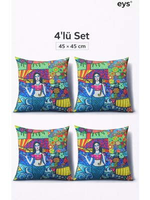 Eys Dijital Baskılı Çift Taraflı Pamuklu Kırlent Kılıfı – Gizli Fermuarlı, Astarlı (45×45 Cm) 4'lü Set