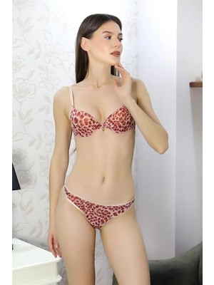 Moda Kadın Desteksiz Ince Süngerli Desenli Aksesuarlı Sütyen Takım Kırmızı Beruflic