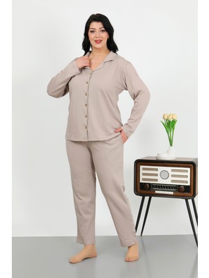 İbrahim Burak Etiler Collection Moda Çizgi Kadın Büyük Beden Pamuklu Cepli Düğmeli Krem Pijama Takım 202506