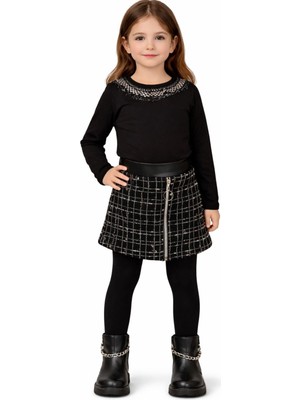 Kız Çocuk Siyah Uzun Kollu Bluz ve Ekose Desenli Fermuarlı Etek Takımı