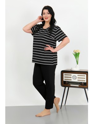 İbrahim Burak Etiler Collection Moda Çizgi Kadın Büyük Beden Kısa Kol Penye Pijama Takımı Siyah 202505