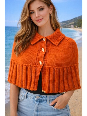 Gönülden Tasarım El Örgüsü Çoban Düğmeli Kadın Triko Panço